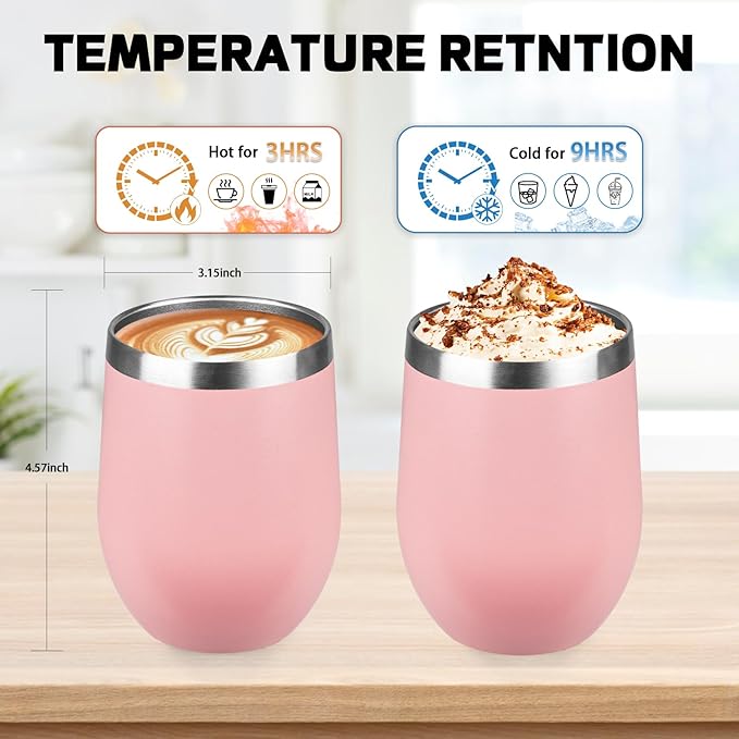 StarSpeed 12oz/6 Pack Wine Tumbler with lid, Stainless Steel Travel Mugs Stemless Double Wall Insulated Coffee Cup, Insulated Wine Glasses Travel Tumbler for Cold & Hot Drinks(Light Pink, 6)