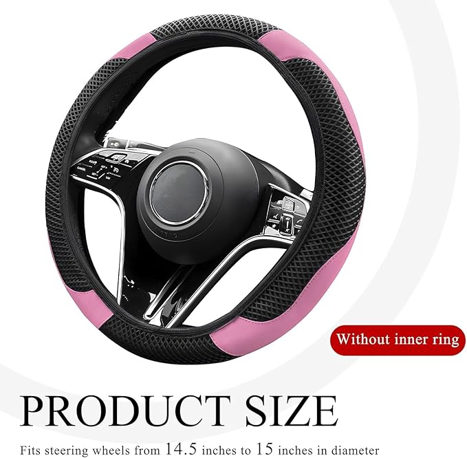 Elastic Stretch Steering Wheel Cover, Warm in Winter and Cool in Summer, Universal 15 inch Microfiber Breathable Ice Silk Anti Slip Car Interior Accessories, Odorless, (Black Pink)