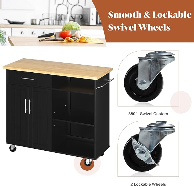 SUNLEI Kitchen Island Cart on Wheels with Storage Cabinet & Drawer, 42" Multifunction Kitchen Cart Cabinet with Shelves, Cart Handle for Towel Rack or Free Mobility,Black