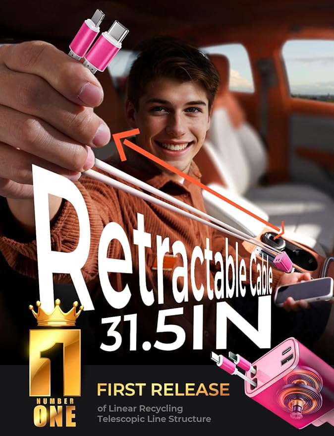 LISEN Retractable Car Charger Adapter for iPhone 17, Fast Charging Car Phone Charger, 84W USB C Car Truck Accessories, Road Trip Essentials Pink Accessories for Men Women for iPhone 17 16 15 14 13 12