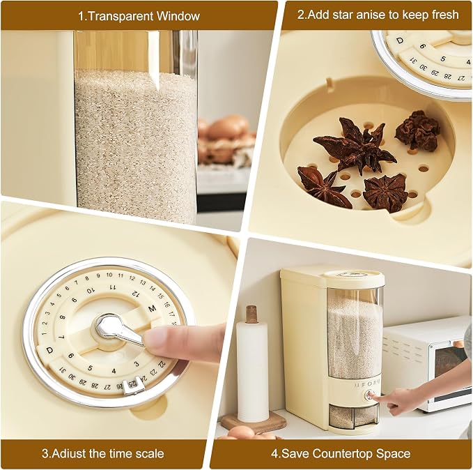 UFORU Rice Dispenser 20 lbs | Large Rice Storage Container for Kitchen&Pantry - Space-saving, Moisture & Pest-proof, BPA-Free - Dry Food Dispenser with One-Touch Dispenser & Measuring Cup for Families