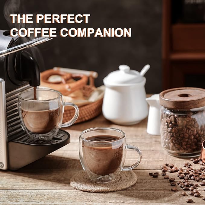 KitchenTour Insulated Coffee Mug 6 oz- Double Wall Glass Coffee Cup with Handle Set of 4 - Clear Glass Drinkware for Espresso，Cappuccino, Latte，Hot Beverages