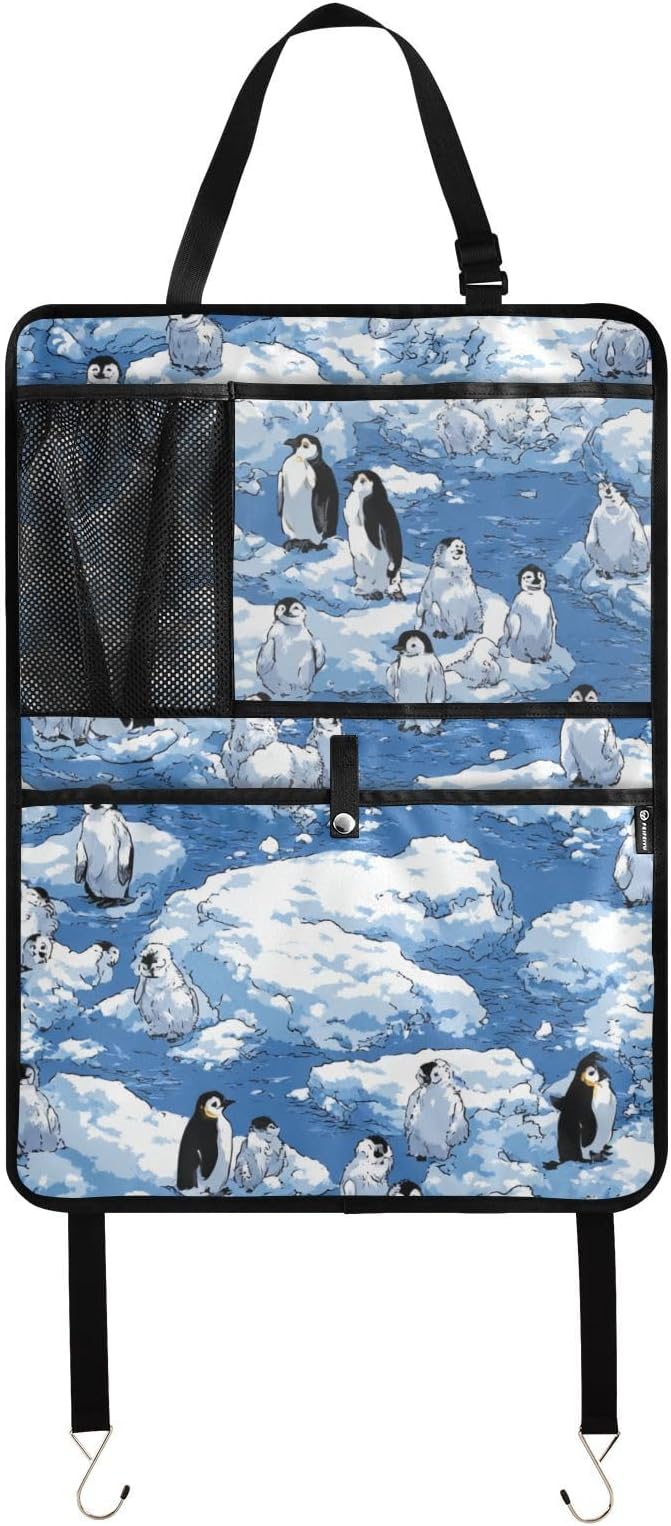 2 Pack Back Seat Car Organizer with Storage Pockets Kick Mats Back Seat Protector Hanging Car Organizer Automotive Seat Back Cover Organizers Blue Penguins Ice Flowers Snow