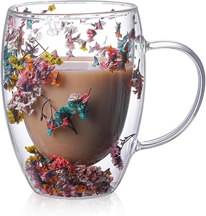 Double Wall Glass Coffee Mugs, 12 oz Clear Floral Insulated Glass Cups with Handle, Hand Blown Borosilicate Coffee Mug for Espresso, Cappuccino, Latte, Tea & Hot Beverages (Mix)