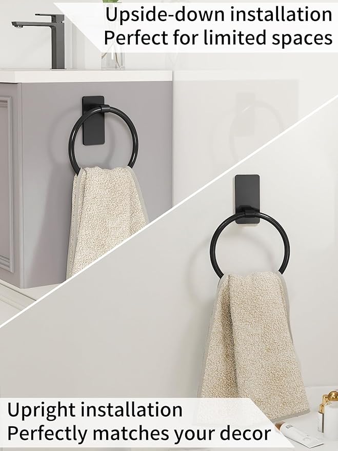 STWWO Adhesive Towel Holder, Hand Towel Holder for Bathroom, Self Adhesive Hand Towel Rings, Black, 2 Pack