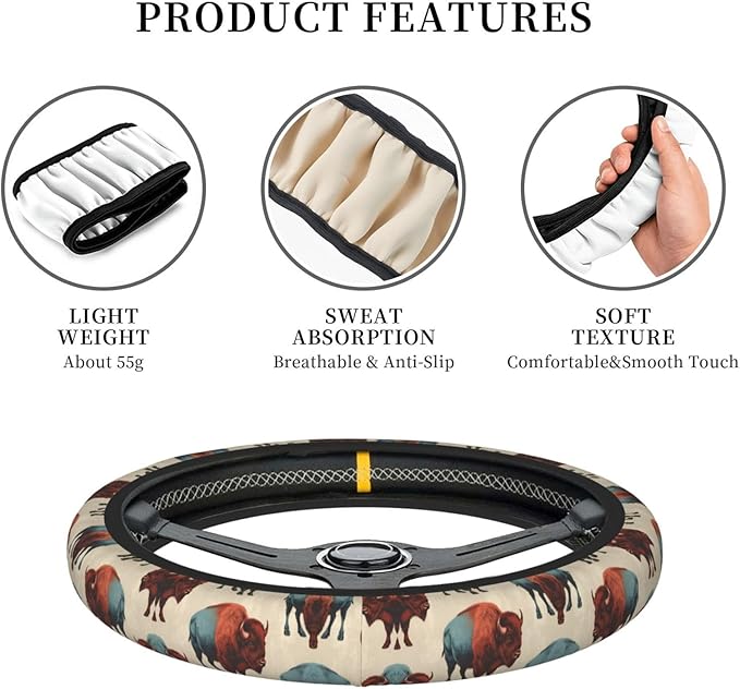 America Bison Universal Fit Steering Wheel Cover for Car, Truck, and SUV, Durable Steering Wheel Protection