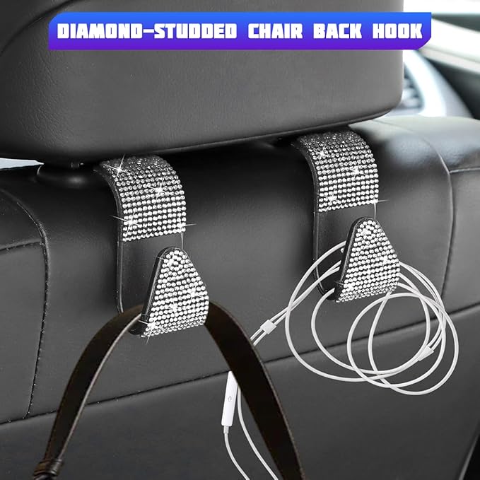 Bling Car Seat Headrest Hooks, 4PCS Crystal Rhinestone Vehicle Back Seat Hanger Holder for Handbags Purses Coats, Automotive Headrest Storage Organizer, Universal for RV SUV Truck (White)