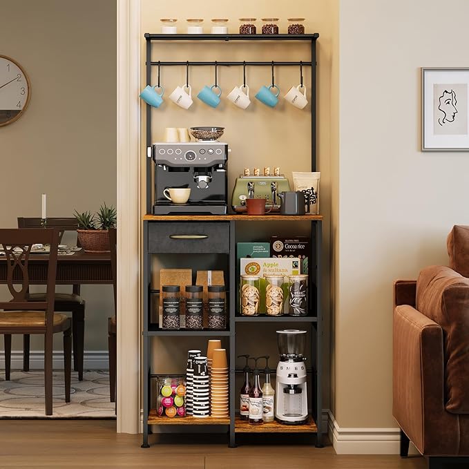 X-cosrack Coffee Bar Stand Station with Storage Drawer, Extended Worktop Coffee Table, Farmhouse Corner Bar Cabinet for Small Spaces, Barkers Rack & Home Bar for Entryway, Living Room