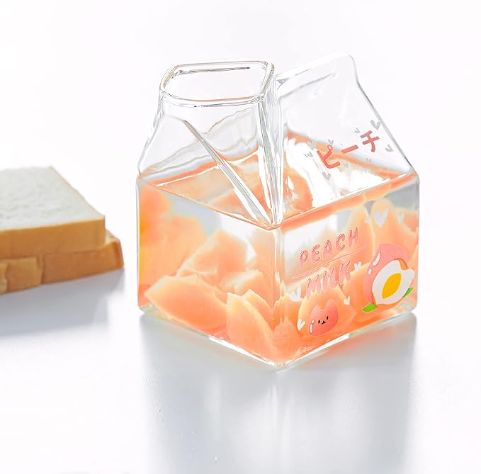 Kawaii Glass Milk Carton Cup Clear Cute Milk Cup Mini Creamer Pitcher Container Microwavable 12 Oz, 1Pcs(Peach)