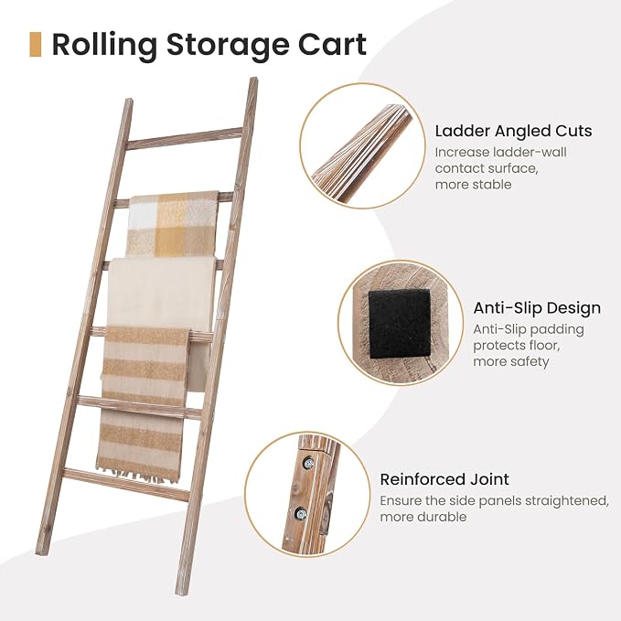 SwaaVee Blanket Ladder 6-Tier Towel Rack, Wooden Quilt Ladder Shelf for Home Decor, Wall Leaning Farmhouse Quilt Display Towel Holder Organizer for Living Room, Bathroom (24" Wide)