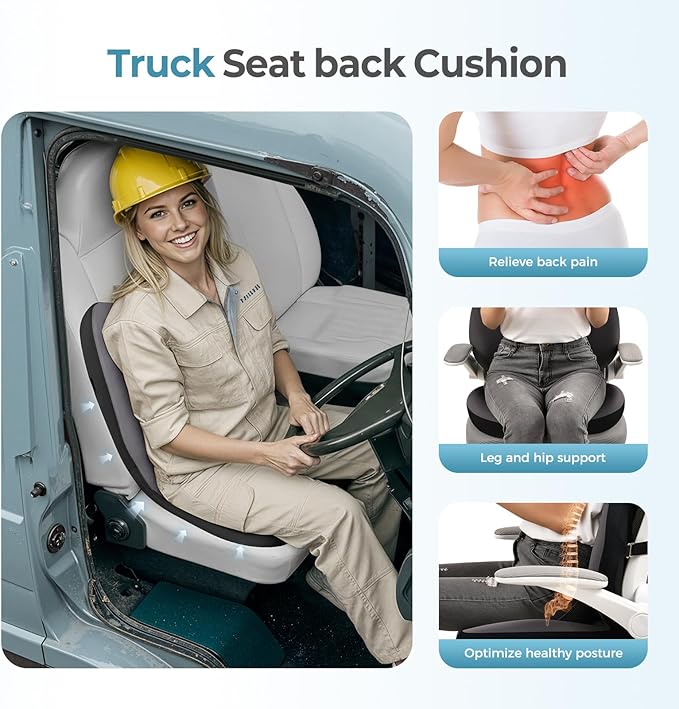 FLORICH 2 in1 Truck Seat Cushion and Lumbar Support Pillow Memory Foam Car Seat Cushion with Adjustable Strap for Truck Driver Long Drives, Fits Semi Truck Seat,Car,Office&Gaming Chair(Black)