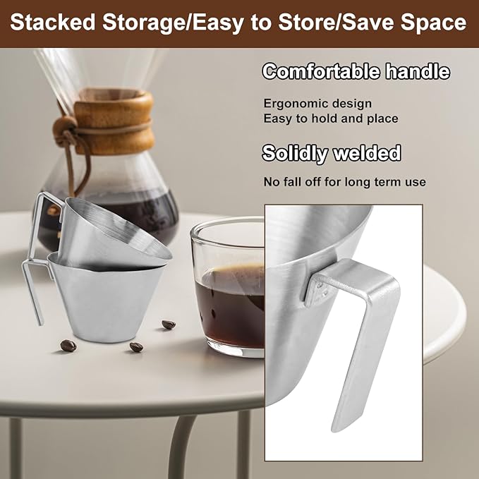 WCHOSOZH 2Pcs Espresso Cups with Handle, 3.4OZ/100ML Espresso Accessories, Stainless Steel Spout Measuring Cup with Scale, Espresso Pouring Cup with V-Shaped Mouth (Double V-Deep Mouth - Silver)