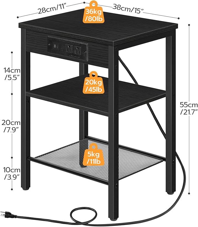 HOOBRO Side Table with Charging Station and USB Port, Small End Table for Small Space, 3-Tier Nightstand with Adjustable Shelf, for Living Room, Bedroom and Balcony, Black BB112BZ01