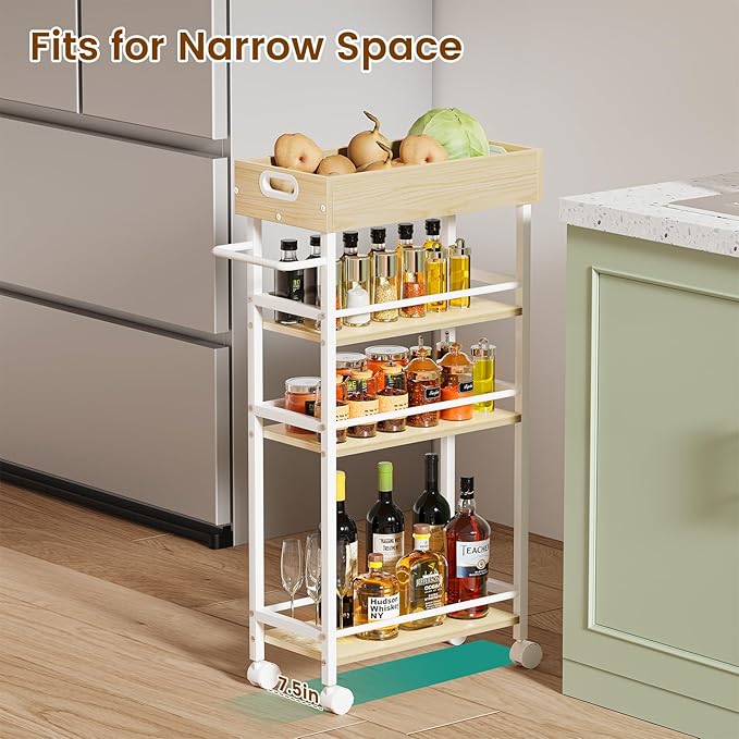 Slim Storage Cart, 4-Tier Small Rolling Cart with Wheels, 8.5" Deep, Narrow Bathroom Shelf Trolley for Kitchen, Bathroom, Laundry Room, White Medium 4-Tier (8.5" W x34.7 H)