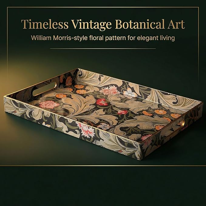 Zosenley Vintage William Morris-Style Serving Tray with Handles - 15.7" x 11.8" Floral Pattern Decorative Platter for Coffee Table, Ottoman & Breakfast in Bed - Sturdy Plastic Rectangular Tray
