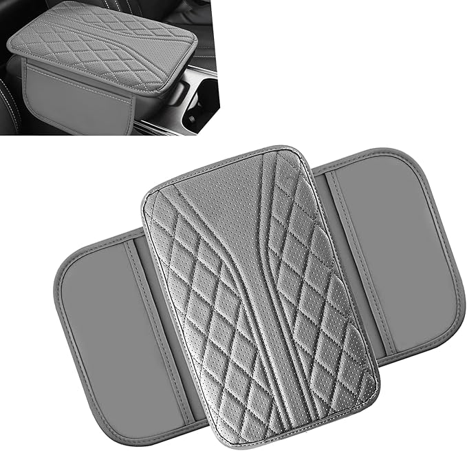 Car Center Console Cover, Leather Arm Rest Cover with Storage Bags, Multi-Functional Armrest Storage Box pad, Universal Interior Accessories for SUV, Sedan, Truck (Grey)