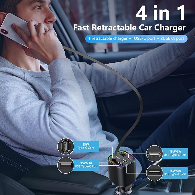 Retractable Car Charger, 4 in 1 Fast Car Charger 78W, with Type C, 2 USB-A Ports and 1 USB-C Port for Fast Charging, Compatible with iPhone 16/15/14/13/12/11, Galaxy, Pixel (Black)