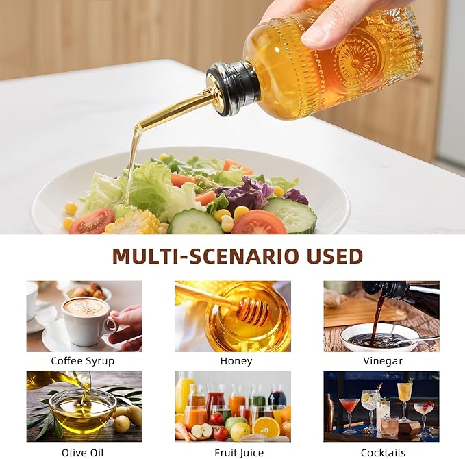 Coffee Syrup Dispenser Bottles, 6 Pack Glass Syrup Dispensers for Coffee Bar, 7.4 Fl Oz Small Maple Syrup Container Set with Golden Spoon, Vintage Oil Dispenser Bottle for Kitchen