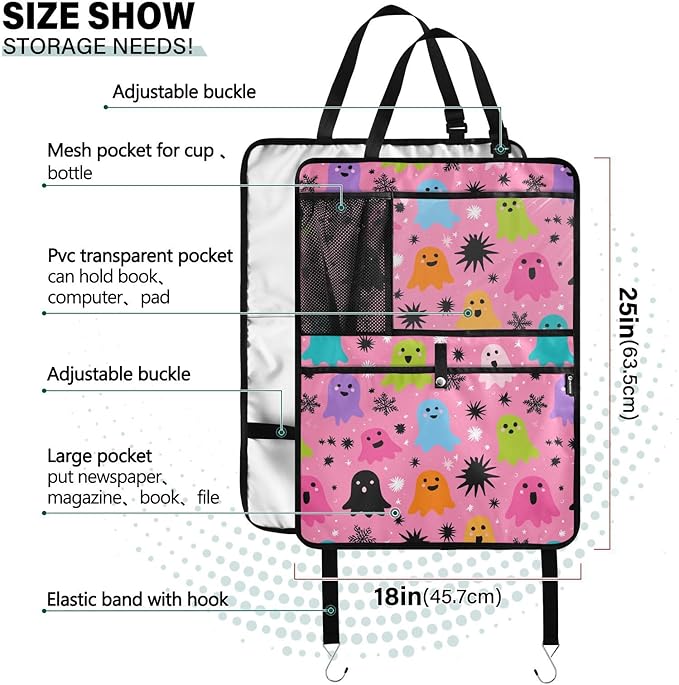 1 Pack Back Seat Car Organizer with Storage Pockets Kick Mats Back Seat Protector Hanging Car Organizer Automotive Seat Back Cover Organizers Hot Pink Halloween Ghost Snowflakes