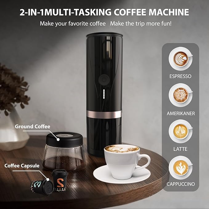 Portable Espresso Machine, Self-Heating Electric Portable Espresso Maker,20 Bar Mini 12V 24V Car Coffee Maker with NS Pods & Ground Coffee for Travel, Camping, Office, Home(Black)