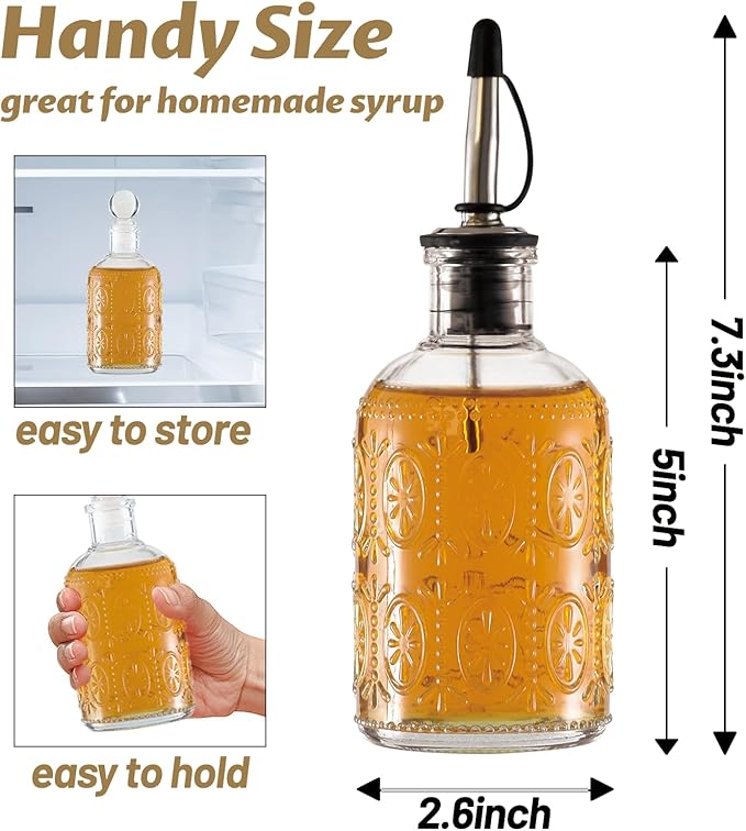Retro Glass Syrup Dispenser Bottle 7oz, Oil and Vinegar Cruet with Stainless Steel Pour Spout, Labels, Funnel & Stopper(Floral-B)
