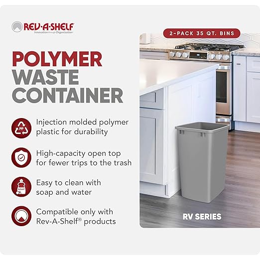Rev-A-Shelf 2-Pack 35 Quart Polymer Replacement Trash Bin, Recycle Waste Garbage Container for Kitchen Cabinet Pullouts, Silver, RV-35-17-2 - Large Plastic Bins for Home and Office