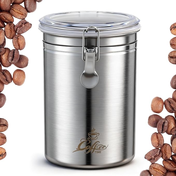 LemonRoad Stainless Steel Coffee Canister 62 Fl oz Coffee Jar Container with Airtight Clamp Lid, Bean Storage Container for Bean Storage Kitchen Bar Countertopop