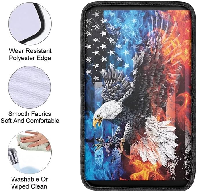 Horeset American Flag Flame Eagle Car Console Covers for SUV Universal Fit Cow Spot Auto Armrest Seat Box Cover Interior Protector, Easy to Install