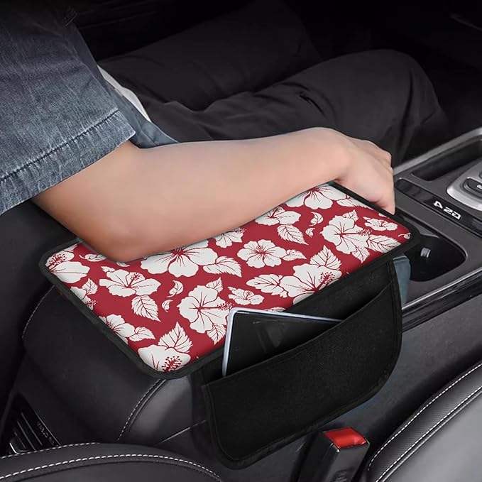 CLOHOMIN Red Hibiscus Car Armrest Cover with Pockets Floral Automotive Armrest Pad Polyester Car Center Console Armrest Cushion Cover Auto Accessories with Storage Pockets