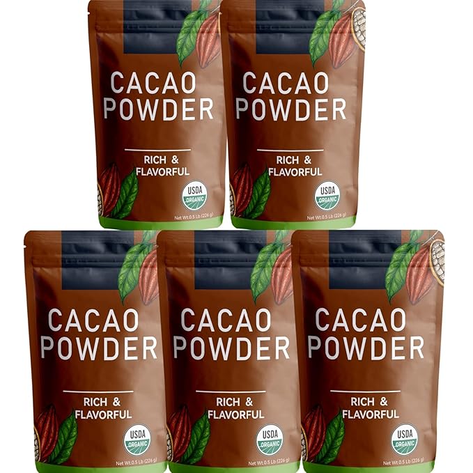 226g/5pack, Ultra-Fine Organic Cacao Powder 1lb - Rich Dark Chocolate Taste for Baking & Drinks, Non-Alkalized, Unprocessed, Non-GMO, Gluten-Free, Ideal for Healthy Recipes