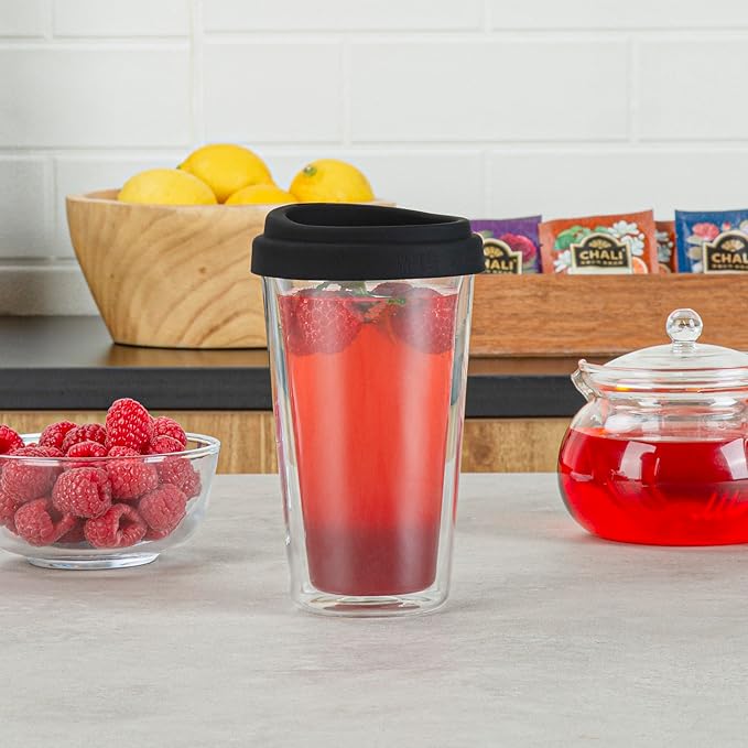 Restaurantware - Forma Professional 13.5 Ounce Insulated Travel Mugs With Lids, 10 Double Wall Coffee Mugs - Includes Lids, Reusable, Clear Borosilicate Glass Tumblers, Dishwashable, Microwavable