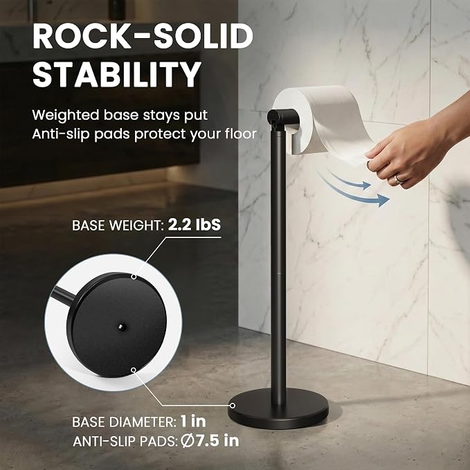 Cesun Extra Weighted Base Toilet Paper Holder Stand - SUS304 Rust Proof Free Standing Tissue Roll Holder for 4 Rolls, No Tipping, No Slipping, Matte Black