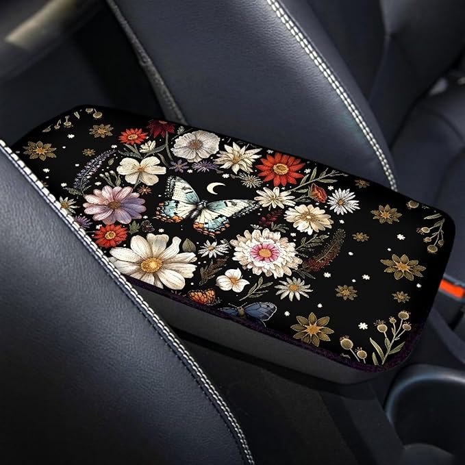 Mintutlipy Butterfly Daisy Flower Car Armrest Cover Car Arm Rest Pad Car Interior Accessories for Girls Women Dust Proof Car Center Console Protector