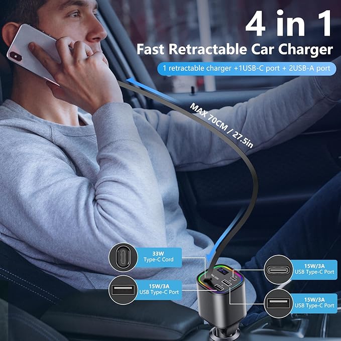 [2 Pack] Retractable Car Charger USB C 78W & 85.5W 4 in 1 Fast Car Charger, 4 Ports Cigarette Lighter Adapter with Retractable Cables, Compatible with iPhone 16/15/14/13/12/11, Galaxy, Pixel,