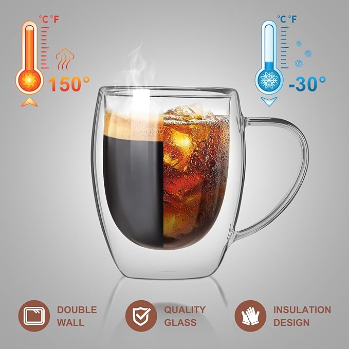 Double Walled Glass Coffee Mugs, Glass Coffee Mugs Set Of 4, Glass Coffee Cups with Handles, 12OZ, Suitable for Cappuccino, Latte, Espresso, Hot Drinks, Cold Drinks