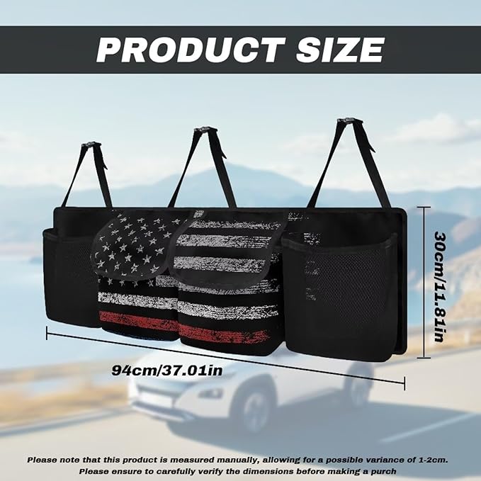American Flag Camo Car Trunk Organizers, 37.1" x 11.8" Backseat Hanging Organizer with 4 Large Storage Bag, Waterproof Car Organizer with Adjustable Strap, Road Trip Large Capacity Bag