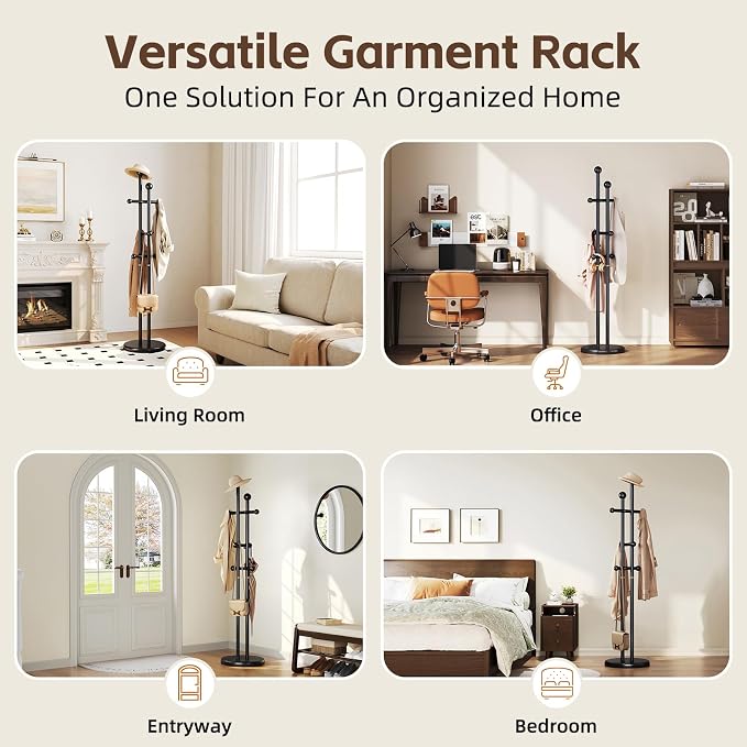 Uniclinens Wood Coat Rack Freestanding - Heavy Duty Freestanding Coat Rack, Wooden Coat Stand with 6 Hooks Creative Tree Branch-look for Entryway, Hallway, Bedroom (Black)