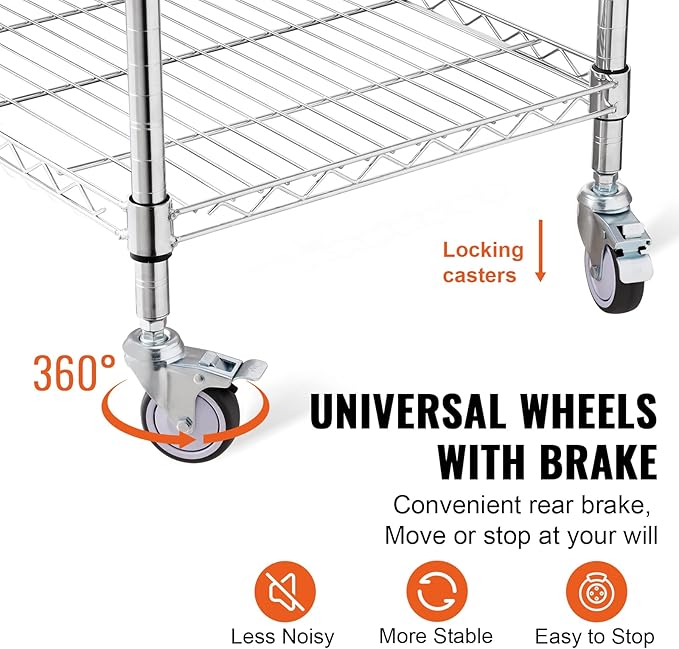 VEVOR Kitchen Utility Cart, 36.6"x20"x24" 3 Tiers Wire Rolling Cart, 470LBS Capacity Steel Service Cart with Brake Wheels, Storage Trolley with 76mm Basket PP Liner 6 Hooks, for Indoor & Outdoor Use