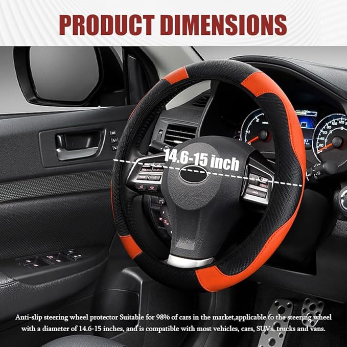 Car Steering Wheel Cover, Steering Wheel Protector, Universal 14.5-15 Inch Microfiber Leather Breathable Auto Steering Wheel Covers, Carbon Fiber Steering Wheel Cover for Women Men (Orange)