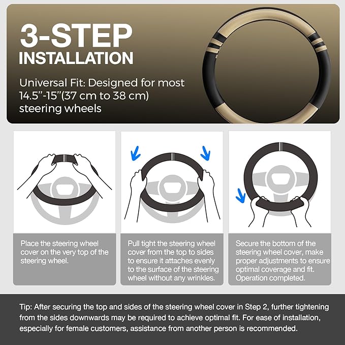 Sport Steering Wheel Cover for Cars – Premium Black & Beige NAPA Leather, Dynamic Stitching, Enhanced Grip, Comfortable Fit for 15 Inch Wheels, Easy to Install (Beige, M-15)