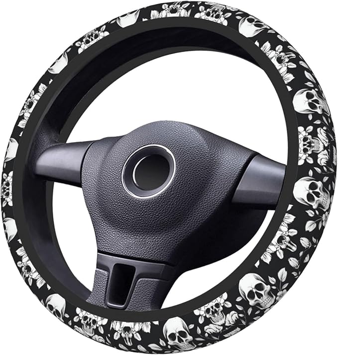 Skull-Damasks Car Steering Wheel Cover, 15 Inch Steering Wheel Cover Stylish Decor for Most Cars