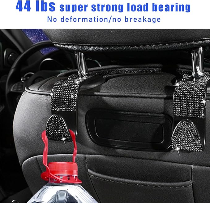 2 PCS Bling Car Seat Headrest Hooks, Crystal Rhinestone Back Seat Hanging Storage Organizer, Vehicle Seat Hanger Holder for Purse Handbag Coat, Interior Car Accessories (Black)