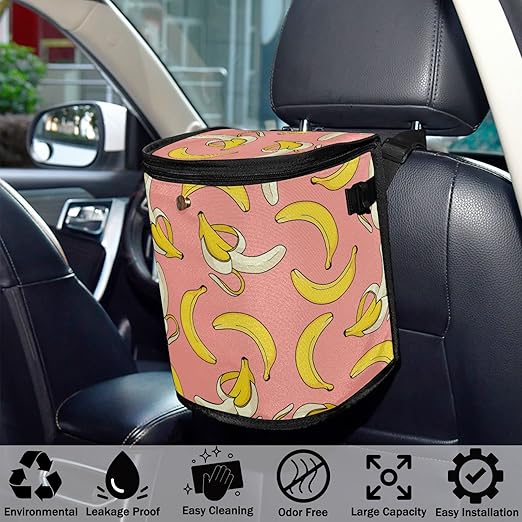 Banana Car Trash Can Cute Fruit Pink Car Garbage Bag with Lid Hanging Waterproof Leak Proof Vehicle Storage Bin
