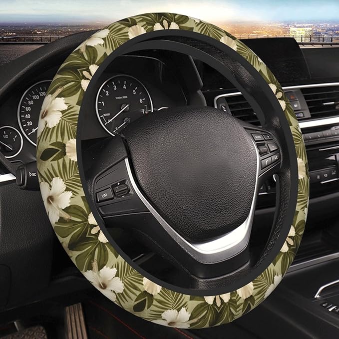 Hawaiian Hibiscuses?Flora Olive Green Car Steering Wheel Cover, 15 Inch Steering Wheel Cover Stylish Decor for Most Cars