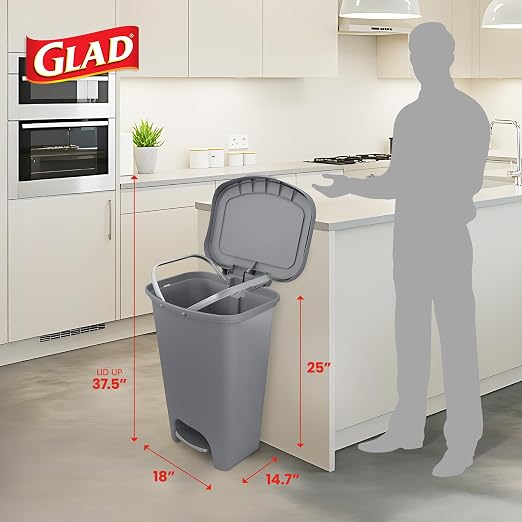 Glad 13 Gallon Trash Can with Clorox Odor Protection | Plastic Kitchen Waste Bin | Hands Free with Step On Foot Pedal and Garbage Bag Rings, Grey