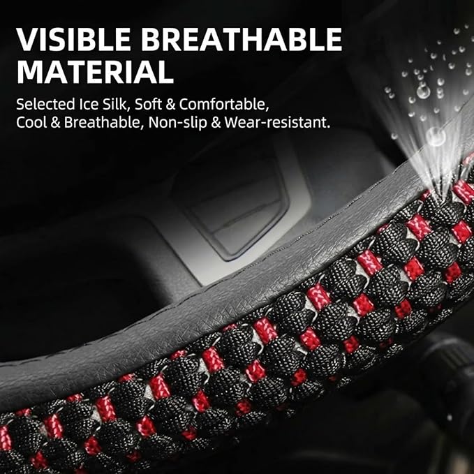 15" 16" 17" 18" 19" 20 Inch Ice Silk Ventilation Multi-Style Comfy Grip Steering Wheel Cover for Truck, Bus, Big Rig Trucker,SUV， Anti-Slip Design 16-20 Inch (BlackRed, 20 inch)
