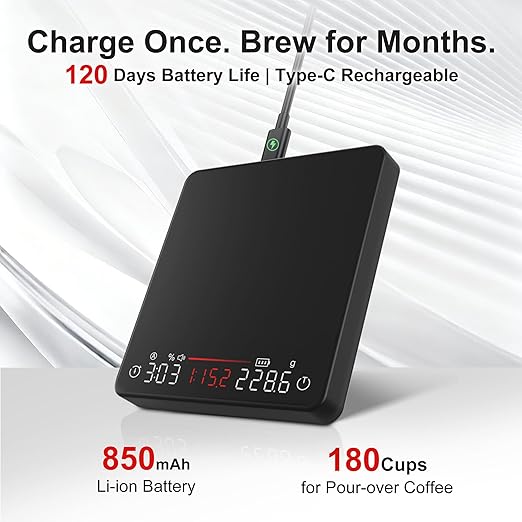 Coffee Scale, Espresso Scale, Weigh Digital Kitchen Scale with Timer, 2kg/0.1g Rechargeable Scale, Ratios & Flow Rate Display, Barista-Grade for Pour-Over, Espresso, French Press – Black
