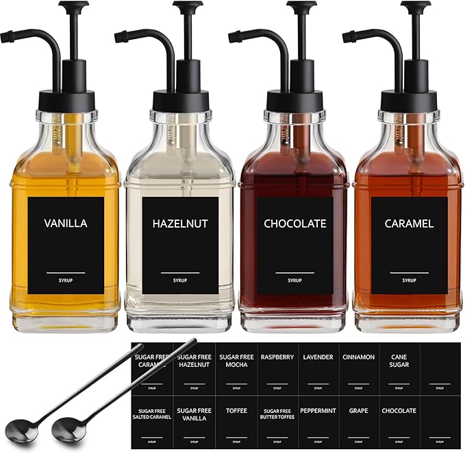 Coffee Syrup Dispenser, Coffee Bar Accessories 16.9 fl oz/500ml, Glass Syrup Dispenser with Pump Dispenser, Labels, Spoons for Coffee Bar, 4 Pack