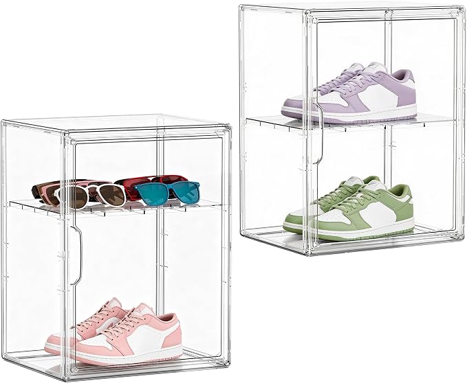 Attelite Shoe Storage Clear Shoe Organizer Boxes With 1 Adjustable Divider, Acrylic Sneaker Shoe Display Case With Magnetic Door,Clear Plastic Stackable Storage Bins With Lids,2 Pack