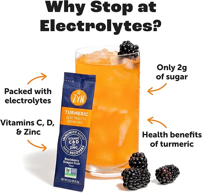 ZYN Electrolyte Drink Mix Hydration Packets, Electrolytes Powder, Hydration Packets w/Turmeric Curcumin, Vitamin C and D, Zinc, Hydrate Electrolyte Powder Packets for Wellness, Variety Pack of 8